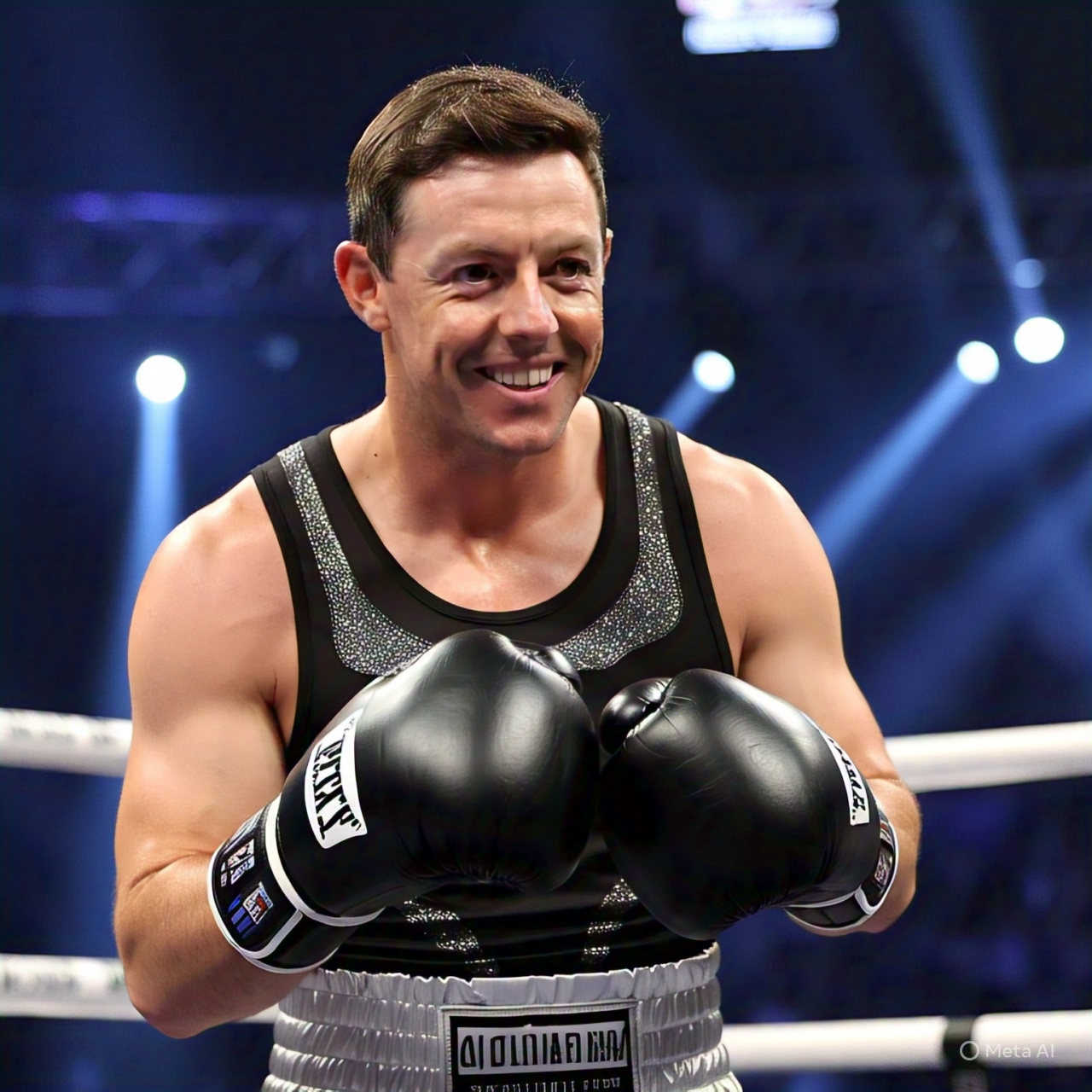 The image shows a man who appears to be Rory McIlroy wearing boxing gloves and a tank top in a boxing ring.